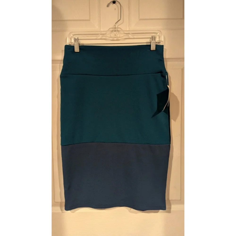 LuLaRoe Cassie Skirt Sz M Teal Navy Blue Color Block Pencil Stretchy Mod‎ Office